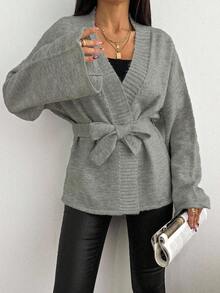 EURMUSE 1pc Women's Solid Loose Drop Shoulder Long Sleeve Casual Cardigan, Autumn/Winter - Grey - View 7