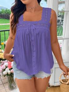 Flirla Plus Size Summer Casual Lace Patchwork Sleeveless Shirt - Purple - View 5