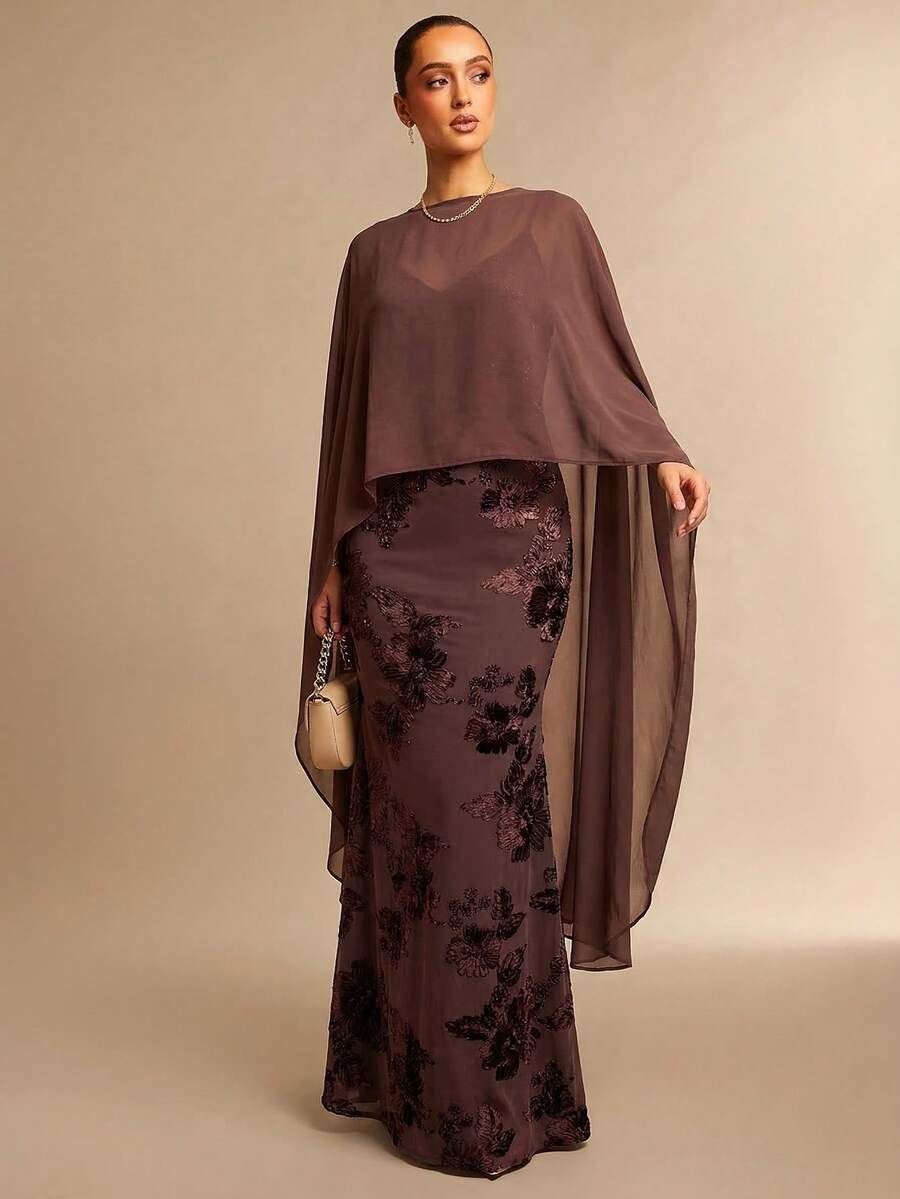 Silquee Đầm dạ hội sang trọng dành cho nữ, chất liệu chiffon, dây spaghetti, họa tiết jacquard. - Cà phê - Xem 1