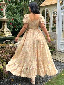 Lyrianda Vestido largo con cuello cuadrado, mangas con pétalos, decoración de ojales y lazo, con bajo asimétrico con volantes y estampado floral para mujer - Multicolor - Ver 2