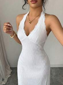 Elenzga Women's Elegant V-Neck Halter Textured Knit Splice Lace Trim Bodycon Fishtail Dress For Vacation Resort Wear Women Vacation Dress Regular Size Women Dress Formal White Dresses For Ladies Special Occasion White Outfits For Women Elegant Party New Arrival Women Dress - White - View 4