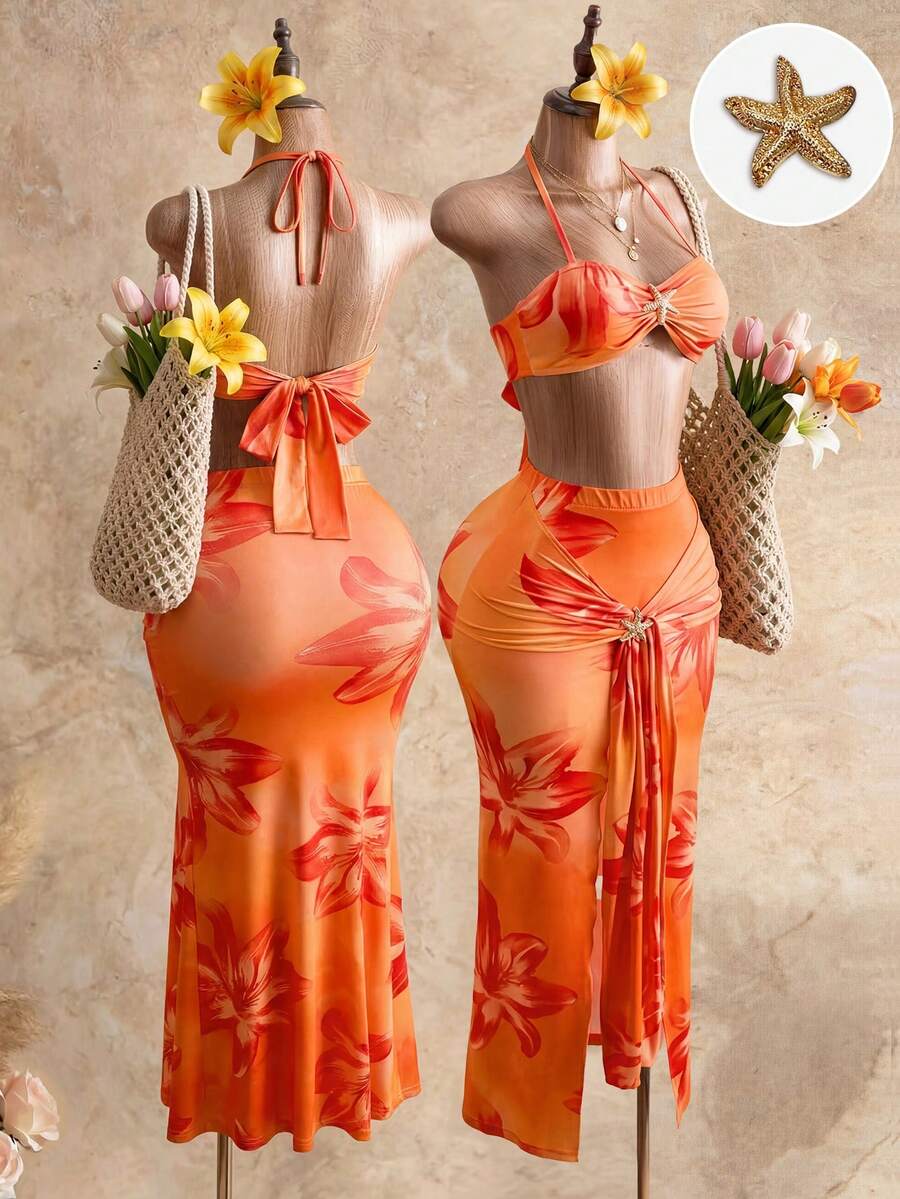 Mistrie Bộ đồ 2 món gợi cảm dành cho nữ, gồm áo croptop và chân váy ngắn, trang trí hình sao biển kim loại, thích hợp cho kỳ nghỉ. - trái cam - Xem 1