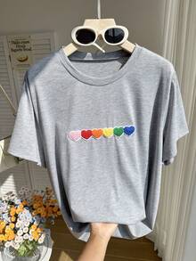 Comfortcana Tricou colorat 3D din pluș cu inimă, guler rotund, mânecă scurtă, casual, gri deschis, mărime plus - Gri deschis - Vizualizare 4