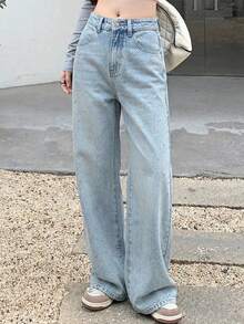 DAZY 女士高腰口袋宽松阔腿牛仔裤（夏季款） - 淺藍色 - 查看 3