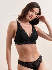 SHEIN Floral Lace Scallop Trim Bralette Lingerie - Black - View 9