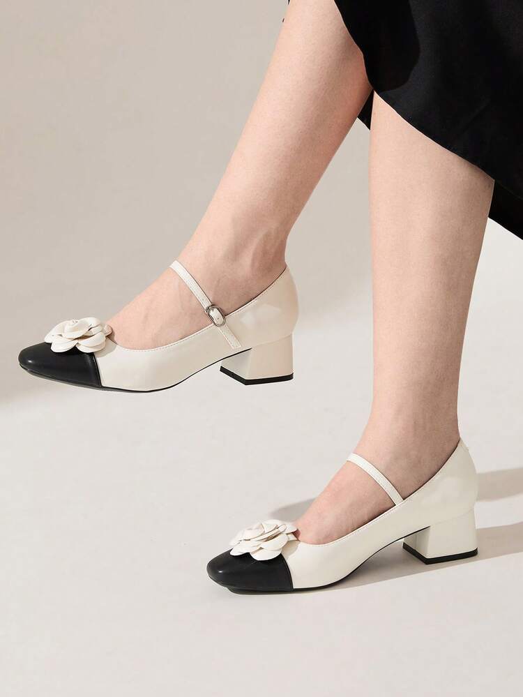 CUCCOO CHICEST Beige Floral Decor Chunky Heel Women Fashionable High Heel Pumps Summer Shoes Summer Break Easter Prom Heels For Christmas Elegant Shoes Wedding Shoes Summer Shoes Bride Shoes