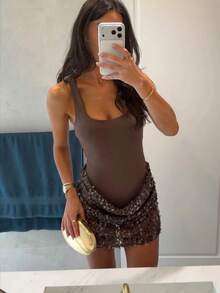 Siren Gaze 新款亮片拼接迷你连衣裙，女士春夏款 - 棕色 - 查看 8