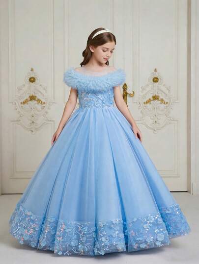 Glamorique Kids Vestido elegante de fiesta con volantes y aplicaciones de tul para niña preadolescente