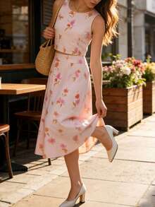 Balvessa 女士印花无袖短款衬衫+印花迷你裙两件套 - 藕粉色 - 查看 3