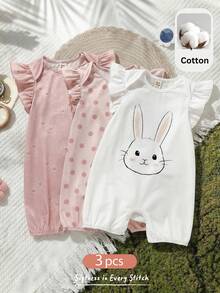 Cozy Pixies 3件套女婴卡通动物图案针织柔软圆领短袖连体衣和短裤套装 - 彩色 - 查看 1