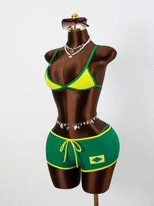 Zestiva 女士休闲度假沙滩派对优雅性感丁字比基尼三件套泳装，夏季返校运动风新款女士泳装套装比基尼套装度假沙滩套装女士三件套泳装牙买加泳装巴西套装两件套巴西套装女士泳衣套装Y2k泳衣女士泳装女士两件套泳衣巴西泳装两件套泳衣 - 彩色 - 查看 5