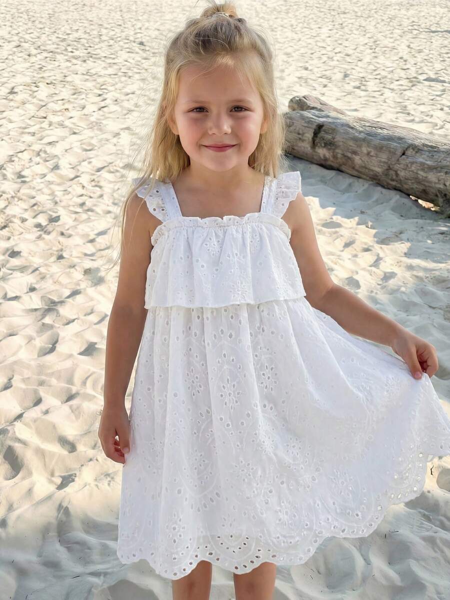 SHEIN 1pc Girls Sleeveless Woven Embroidered Hollow Out Ruffled Hem Casual Elegant Dress, Suitable For Daily, Commute, Vacation, Back To School, White Princess Dress - White - View 1