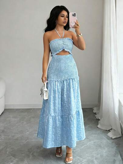 Rafferiza Women's Pleated Halter Neck Elegant Midi Dress For Party And Gathering