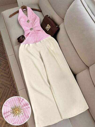 Airaco 优雅条纹装饰扣项链上衣和裤子两件套