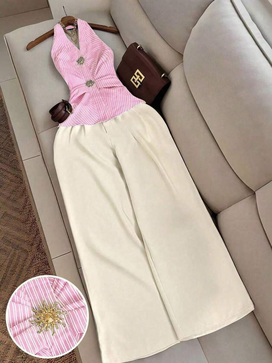 INAWLY Elegant Striped Decorative Clasp Necklace Top And Pants Two Pieces Set - Multicolor - View 1