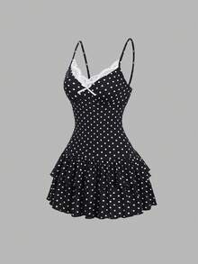 Sweetra Women's Cute Black And White Polka Dot Summer 1960s Vintage Mini Dress,Elegant Night Out Party Beach Resort Ruffled Dress With Bow,A-Line Silhouette - Black and White - View 1