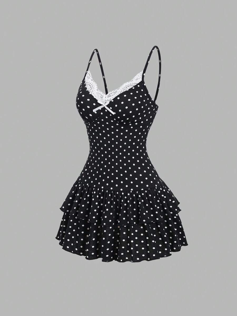 Sweetra Women's Cute Black And White Polka Dot Summer 1960s Vintage Mini Dress,Elegant Night Out Party Beach Resort Ruffled Dress With Bow,A-Line Silhouette - Black and White - View 1