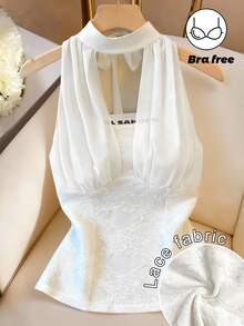 Women's Elegant Jacquard Backless Tie-Front Halter Top, Sexy Beach Vacation Style - White - View 3