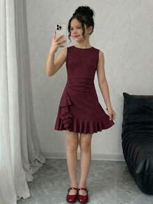 Tween Girl Elegant Round Neck Sleeveless Ruffle Hem Dress Elegant  Wedding Outfits Maroon Dress - Red - View 5