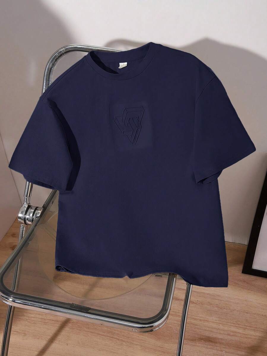 SHEIN Tween Boy Casual Sports Geometric Embossed Pattern Round Neck Knit Loose Short Sleeve T-Shirt - Navy Blue - View 1