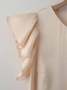 GlowEve CURVE Plus-Size Champagne Summer Elegant Formal Women's Single-Breasted Blouse,Casual Solid-Color Ruffled Short Sleeve Woven Tops For Commuting And Party - Apricot - View 9