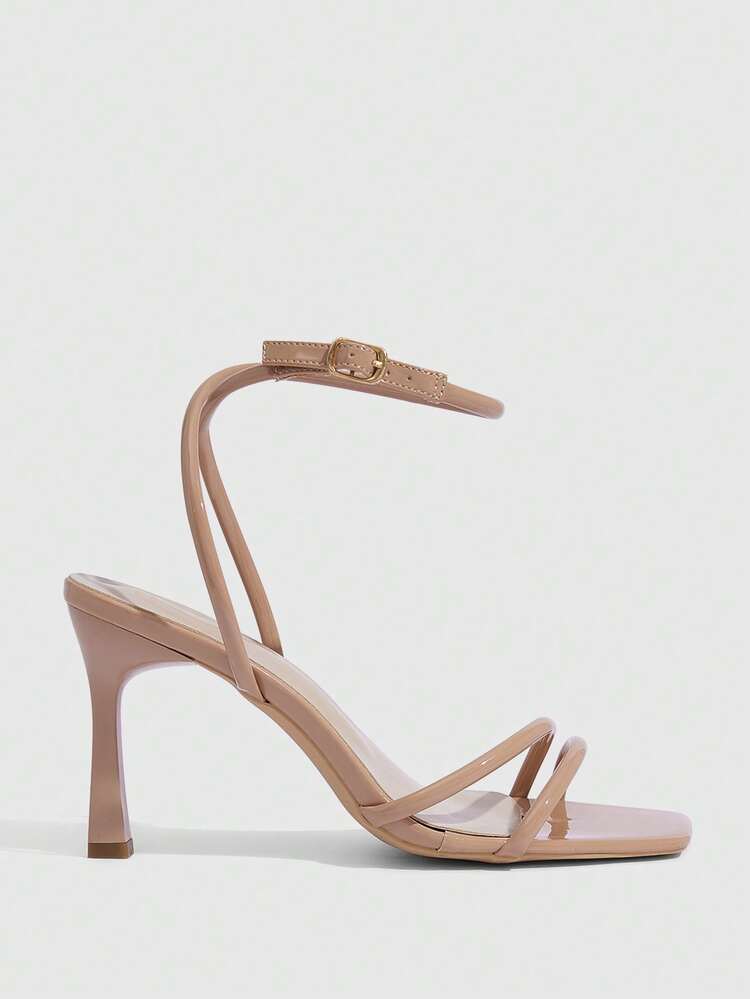 CUCCOO SZL Women Shoes Spring And Summer New Square Toe Thin High Heel Apricot Strip Ankle Strap Women's High Heel Sandals Simple Fashion Comfortable Versatile Sexy Party Women's Sandals Women's Shoes
