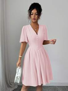Elenzga Women's Light Pink Summer Elegant Tea Party V-Neck Petal Sleeve Ruffle Hem Elastic Waist Short Dress,Casual Commute Vacation Formal High Quality - Pink - View 7