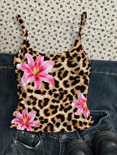 少女休闲复古美式豹纹印花，芙蓉花，火焰树花，海滩度假，#Coconutgirl，吊带背心，修身款，夏季上衣，舒适春夏装扮，上衣，休闲度假，Y2K Coconutgirl 波西米亚风春假早午餐必备浅蓝色女孩之旅，舒适春夏装扮，轻松舒适，豹纹上衣，少女服装，豹纹印花，猎豹纹印花