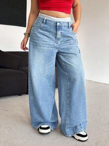 Dripcurv Women's Plus-Size Blue Retro Washed Denim Jeans, Loose Wide-Leg Jeans, New Year's Clothing - Light Wash - View 6