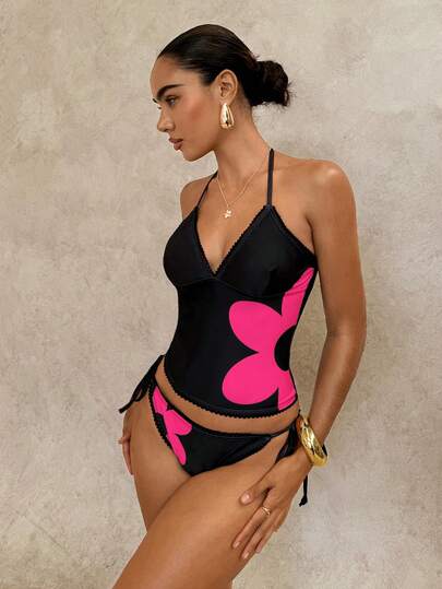 Swim Glamine Women's Floral Print Halter Neck Tie Tankini Top And Triangle Tankini Bottom Set, Vacation Beach