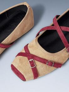 CUCCOO GRLICON 女士平底鞋，方头撞色搭扣设计，休闲平底鞋，机车风穿搭，酷女孩必备，适合春夏、度假、旅行，2000年代风格 - 卡其色 - 查看 4