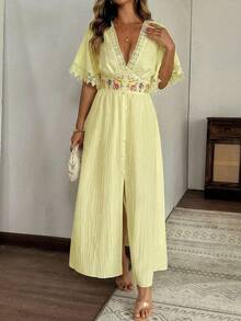 SHEIN Clasi 大码女式撞色蕾丝花卉图案优雅连衣裙 - 黃色 - 查看 6