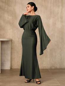 Graceveil Robe évasée à manches évasées de couleur unie élégante pour femme. Robes de luxe pour femmes, robe chic pour femmes, tenue de soirée élégante pour femmes, robes longues avec manches, robe élégante et luxueuse - Vert sapin - Voir 2
