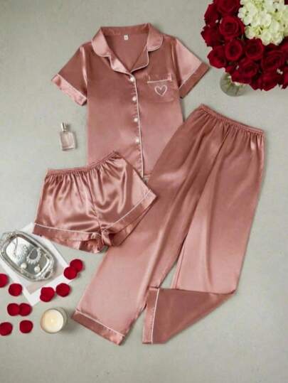 Set 3 piezas Conjunto de pijama de manga corta con cuello y estampado de corazones en rosa suave y negro, de estilo minimalista para mujer