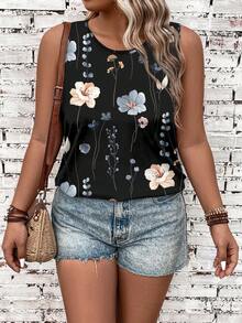 EMERY ROSE Plus Size Women Floral Print Casual Round Neck Tank Top - Black - View 3