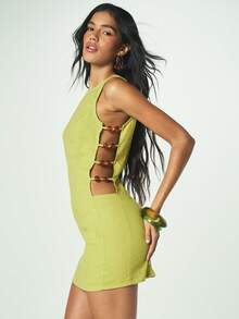 MISSGUIDED 亮绿色修身迷你连衣裙，侧边镂空链条装饰，无袖派对鸡尾酒会夏季连衣裙 - 綠色 - 查看 3