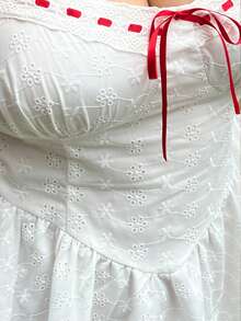 Lyrianda Plus Size Spring/Summer French Style Square Neck Hollow Floral Lace Patchwork Fitted Bowknot A-Line Dress - White - View 5