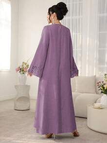 Al Najma Solid Color Round Neck Loose Long Sleeve Patchwork Ribbon Dress, Casual Resort Wear - Purple - View 2