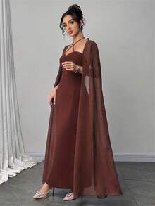 Modelyn Heavily Pleated Sexy Fitted Waist Flared Hem Dress For Women - Coffee - View 4