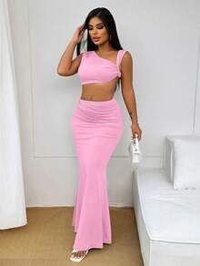 Zolique Women's Clothing Sumeer Clean Fits Solid Asymmetrical Neck Crop Top & Mermaid Hem Skirt Grey Design Sense 2 Pieces Set - Pink - View 3