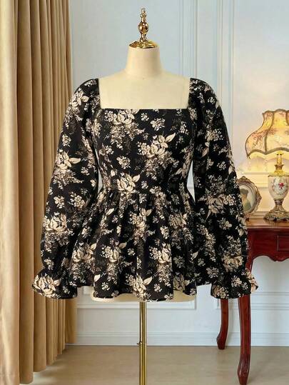 Rometta 大码随机花卉印花褶皱后背方领长袖衬衫荷叶边上衣