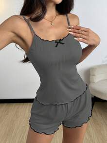 SHEIN 简约紫色罗纹休闲家居服，适合居家休闲或睡眠穿着 - 霧霾藍 - 查看 3