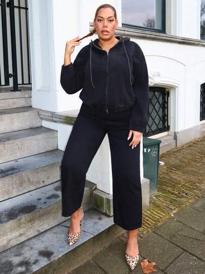 MelDlgn جاكيت مزود بقلنسوة من الجينز المغسول بالخفيف، أكمام فوانيس فضفاضة، خصر مربوط، ملابس خارجية للنساء المقاسات الكبيرة