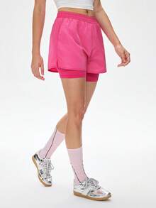 WanderVale Shorts casuais femininos de cor sólida com cintura elástica, shorts de trabalho femininos, shorts femininos rosa para corrida, shorts-saia femininos, shorts femininos rosa, shorts esportivos femininos, shorts de corrida femininos. - Rosa - Ver 5