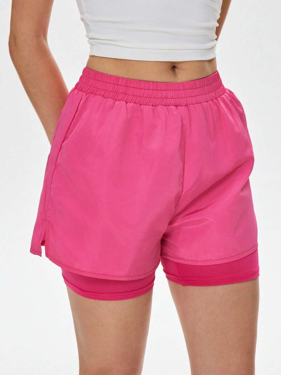 WanderVale Shorts casuais femininos de cor sólida com cintura elástica, shorts de trabalho femininos, shorts femininos rosa para corrida, shorts-saia femininos, shorts femininos rosa, shorts esportivos femininos, shorts de corrida femininos. - Rosa - Ver 1