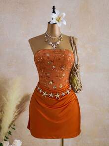 SHEIN Glamour Đầm ngắn cúp ngực màu cam dành cho nữ, chất liệu vải thêu đính cườm kết hợp với vải dệt kim, có bèo nhún ở gấu, kiểu dáng gợi cảm, thích hợp cho kỳ nghỉ, tiệc tùng, hẹn hò, ngày Valentine, đa năng. - Màu xanh nhạt - Xem 9