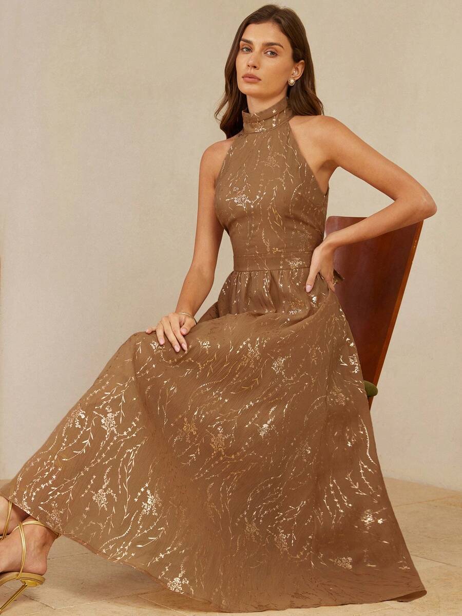 Aveloria Rosie 法式复古奢华优雅女士高端精致随机箔印纹理雪纺露背系带落肩收腰A字连衣裙 - 香檳色 - 查看 1