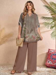 EMERY ROSE 大码女式印花V领短袖衬衫和阔腿裤休闲两件套 - 彩色 - 查看 5