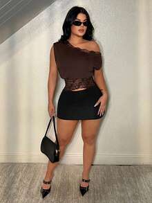 SHEIN SXY Elegant Lace Splice One-Shoulder Neckline Blouse - Brown - View 5