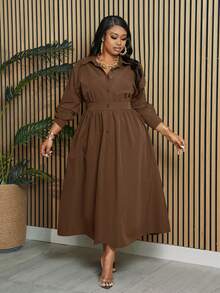 Slaydiva 大码优雅通勤休闲长袖修身纯色军绿色衬衫裙，半开襟设计，腰部系带，春秋季 - F - 棕色 - 查看 6